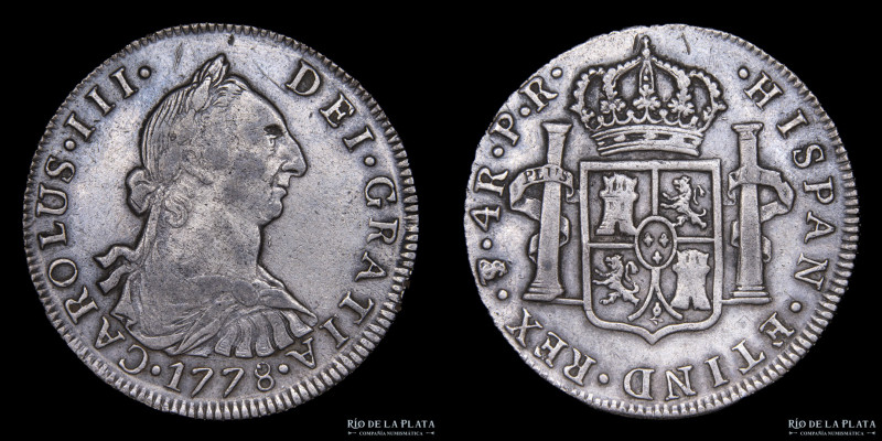 Potosí. Carlos III (1759-1788) 4 Reales 1778 PR (Ensayadores Pedro Mazondo, Raym...