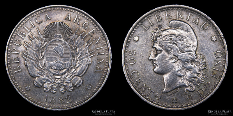 Argentina. 50 Centavos 1882. 1/2 Patacón. AG.900, 30.1mm; 12.50g. Buenos Aires m...