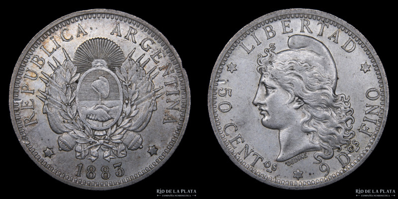 Argentina. 50 Centavos 1883. 1/2 Patacón. AG.900, 30.1mm; 12.50g. Buenos Aires m...