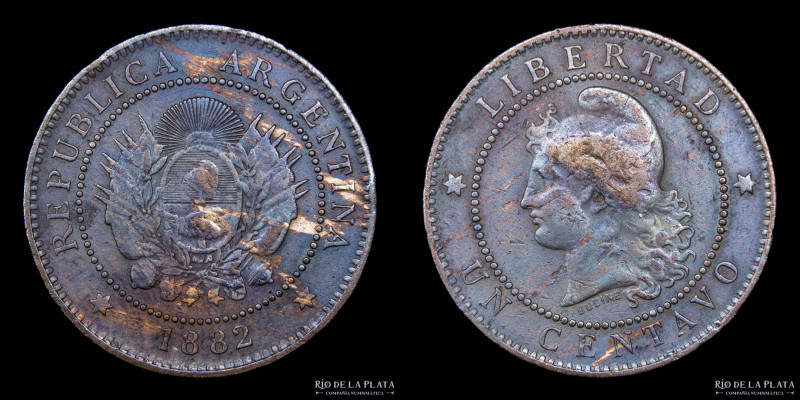 Argentina. 1 Centavo 1882. Buenos Aires mint. CU, 25.0mm; 5.00g. Fecha escasa so...