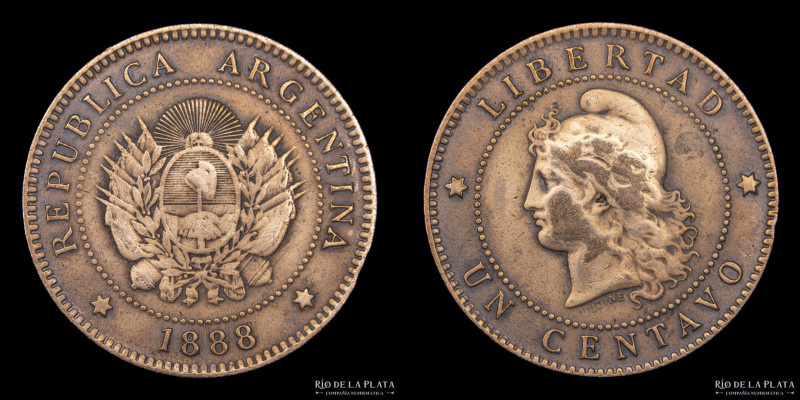 Argentina. 1 Centavo 1888. Buenos Aires mint. CU, 25.0mm; 5.00g. Fecha escasa. S...