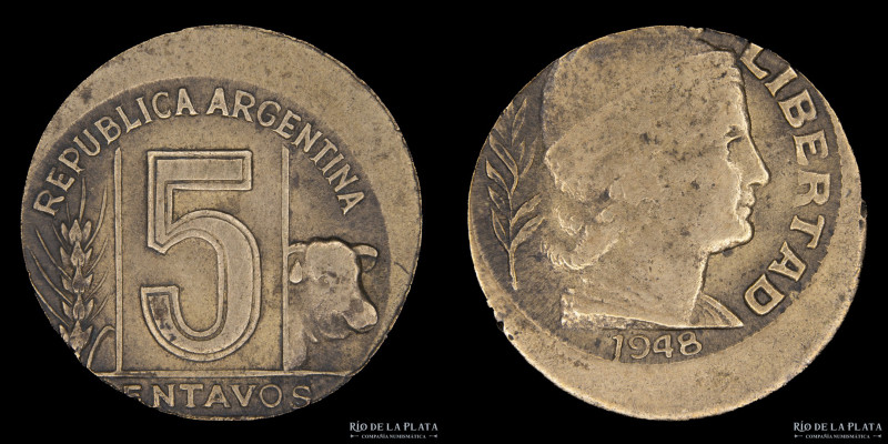 Argentina. Error. 5 Centavos 1948. Incuso parcial. Bronce; 17mm; 1.84g. (UNC)
E...