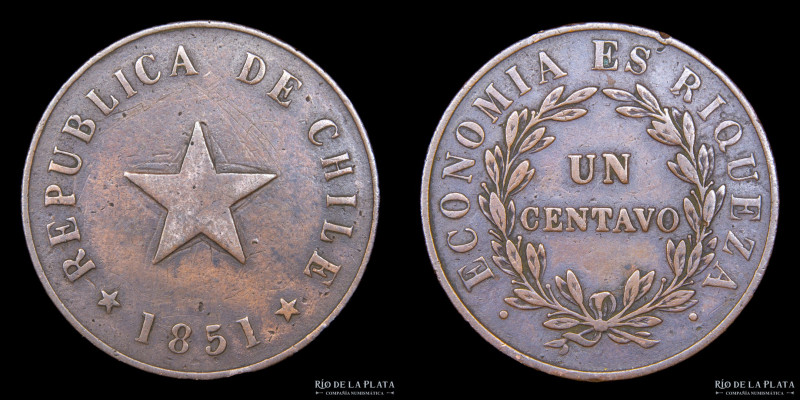 Chile. 1 Centavo 1851. CU; 30.0mm; 10g. KM119.3 (XF)
Estimate: USD 15-30
