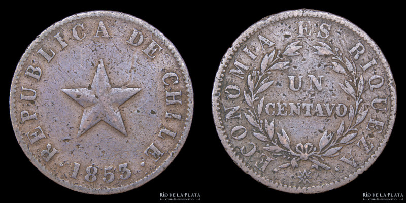 Chile. 1 Centavo 1853. CU; 28.0mm; 10.00g. KM127 (VF)
Estimate: USD 10-20