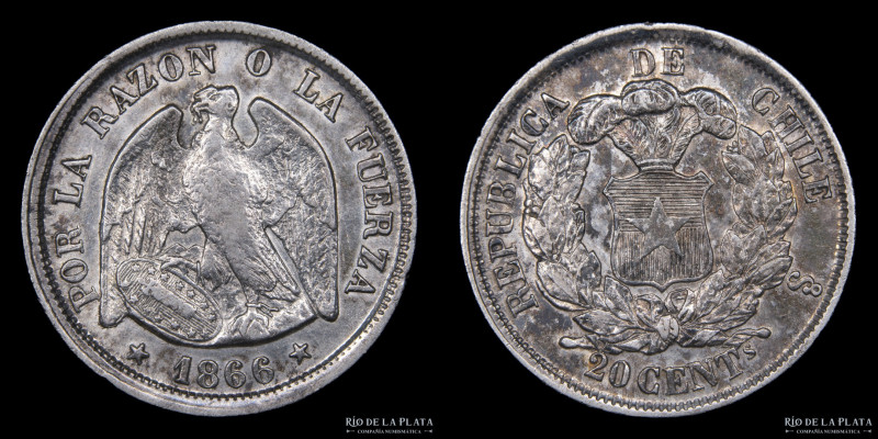 Chile. 20 Centavos 1866. AG.900; 23mm; 4.54g. KM135 (XF)
Estimate: USD 30-60