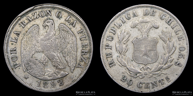 Chile. 20 Centavos 1892. AG.500; 23mm; 5.10g. KM 138.4. (VF)
Estimate: USD 15-3...