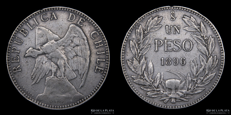 Chile. 1 Peso 1896 So (Ceca de Santiago). AG.835, 35.0mm; 19.99g. KM 152.1 (VF)...