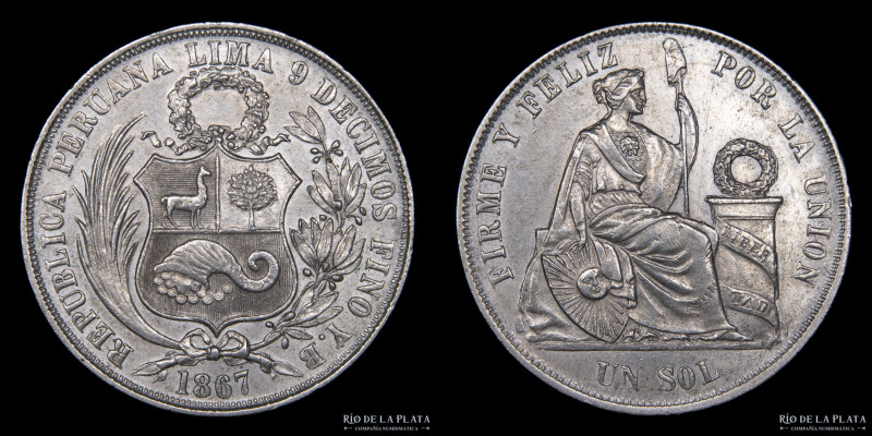 Perú. 1 Sol 1867 YB. AG.900; 37mm; 24.93g. KM196.3 (XF+)
Estimate: USD 20-40