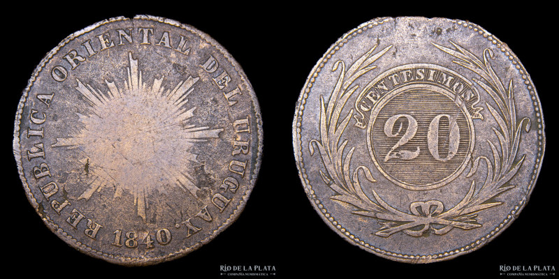 Uruguay. 20 Centésimos 1840. CU; 36.0mm; 25.24g. Solo 18.500 acuñadas en el Tall...