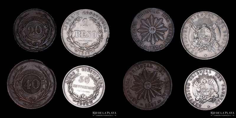 Uruguay. Lote x 4 monedas. Incluye 1 Peso 1895, 50 Centésimos 1893; 40 Centésimo...