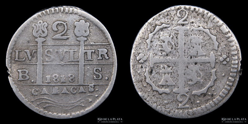 Venezuela. 2 Reales 1818 (1830). CARACAS . A estudiar. AG; 24mm; 3.86g. Pieza qu...