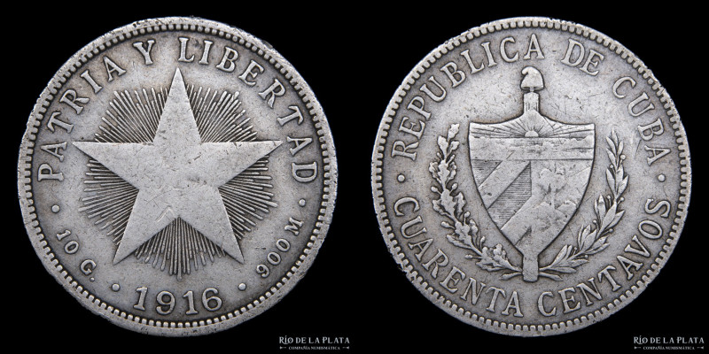 Cuba. 40 Centavos 1916. AG.900, 28.9mm; 10.0g. Escasa (Only 188.000 minted). KM1...
