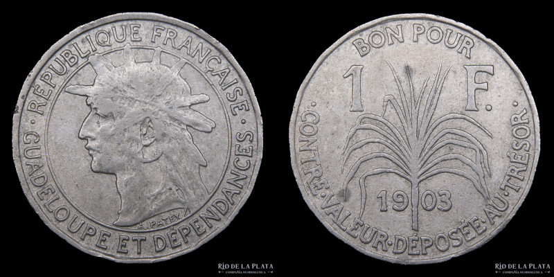 Guadalupe (Francia). 1 Franc 1903. Cu-Ni; 25.5mm; 5.43g. KM46 (VF)
Estimate: US...