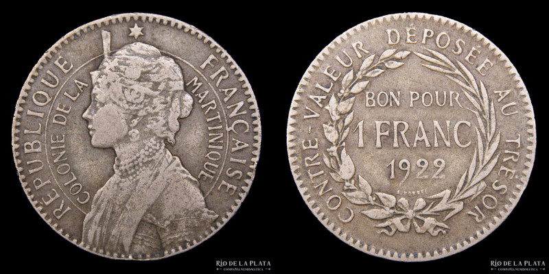 Martinica (Francia). 1 Franc 1922. Cu-Ni; 26mm; 7,90g. KM41 (VF)
Estimate: USD ...