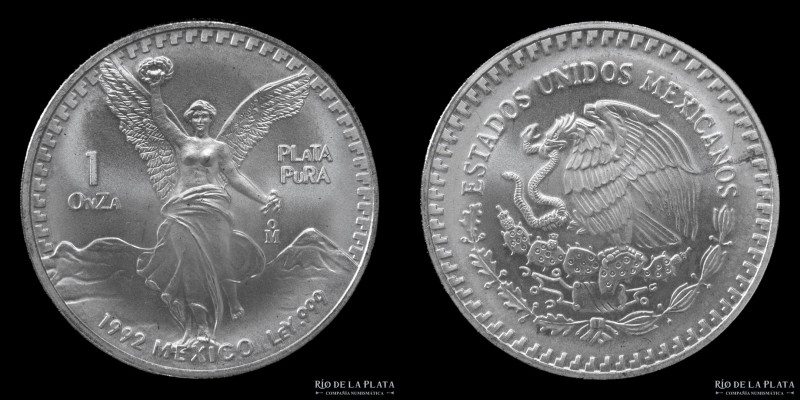 México. 1 Onza 1992 Bullion. Libertad. AG.999; 36mm; 31.1g. KM494 (UNC) En cápsu...