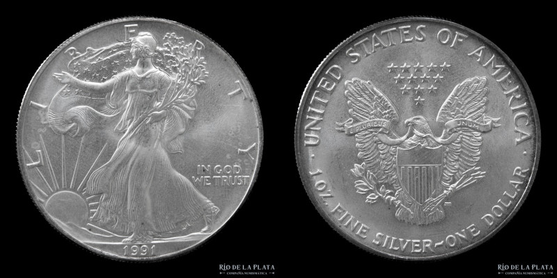 USA. 1 Dollar 1991. Silver Eagle. AG.999; 40.6mm; 31.1g. KM273 (UNC) En estuche ...