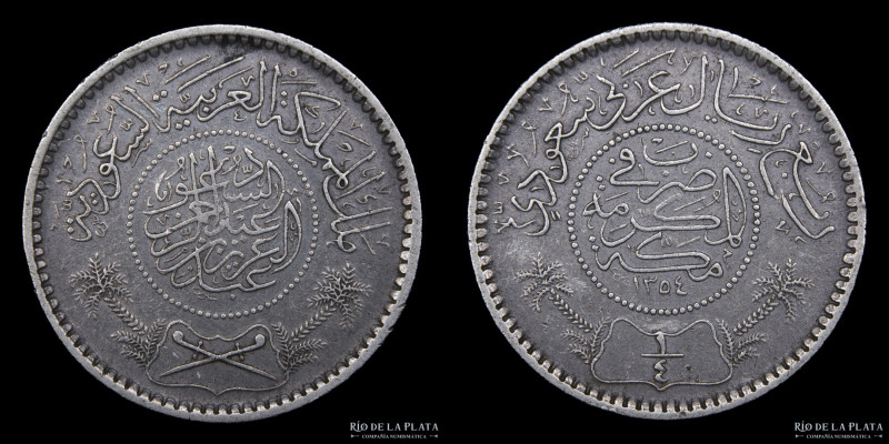 Arabia Saudita. Abd al-Aziz (1921-1953). 1/4 Riyal 1935 (AH1354). AG.917; 19mm; ...