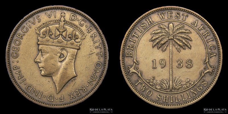 British West Africa. George VI (1936-1952) 2 Shillings 1938 KN. Ni-Lat; 28.5mm; ...