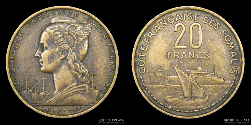 Djibouti. Somalia francesa (Somaliland). 20 Francs 1952. Al-Ae; 23.5mm; 4.10g. K...