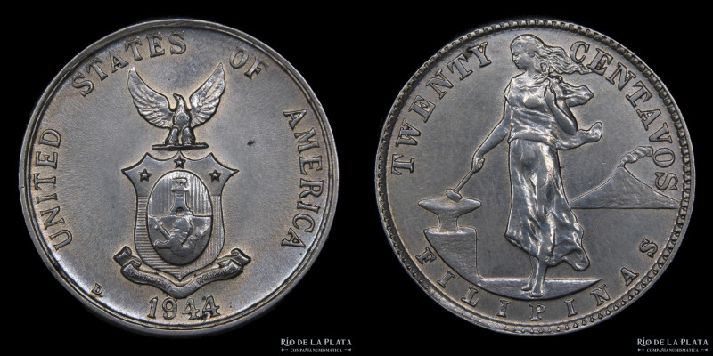 Filipinas. 20 Centavos 1944 D. AG.750; 21mm; 5g. KM182 (UNC)
Estimate: USD 15-2...