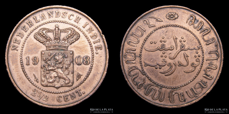 Netherlands East Indie. William III (1849-1890). 2 1/2 Cents 1908. Cu; 31mm; 12....