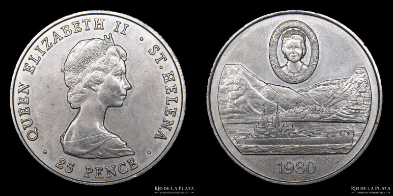 Santa Helena. Elizabeth II (1952-2022) 25 Pence 1980 80 aniversario de la Reina ...