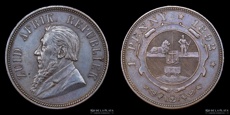 Sudafrica (S.A.R. 1874-1902) 1 Penny 1892. CU; 30.8mm; 9.31g. Pretoria mint. KM2...