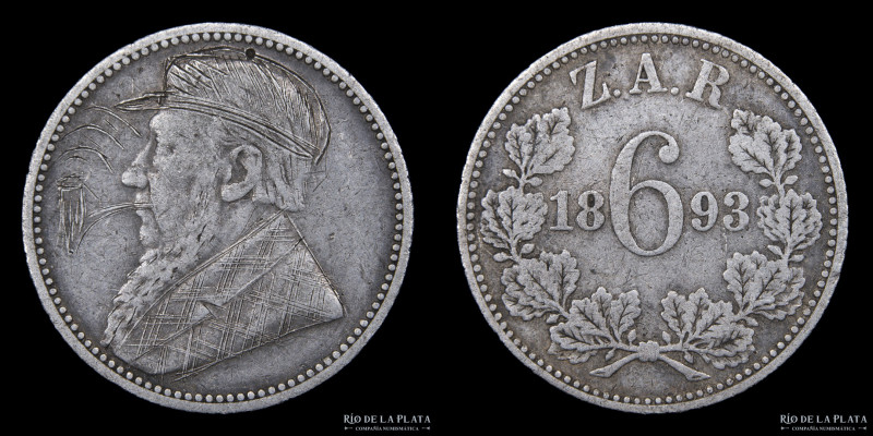 Sudafrica (S.A.R. 1874-1902) 6 Pence 1893. AG.925; 19.3mm; 2.78g. Pretoria mint....