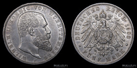 Würtemberg. Wilhem II. 5 Mark 1908 F.  KM632