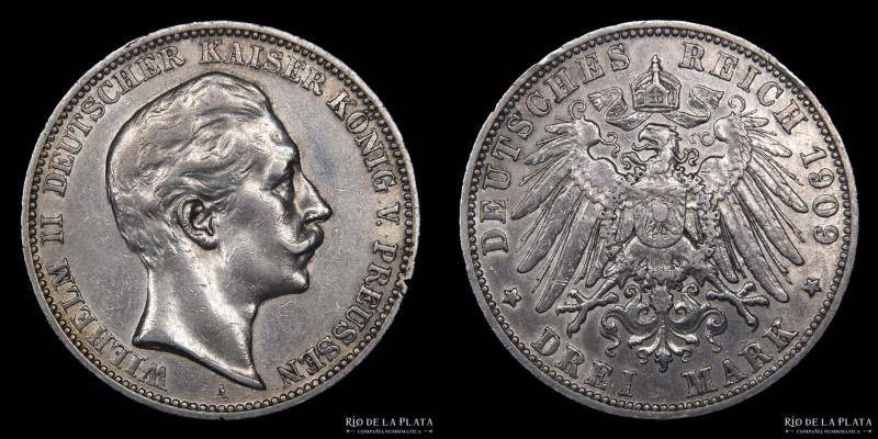Alemania. Prusia. Wilhem II 1888-1918. 3 Marks 1909A. AG.900, 33.0mm; 16.65g. KM...