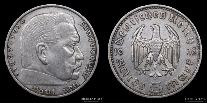 Alemania. 5 Reichsmark 1935 A (Berlin). AG.900; 29.0mm; 13.85g. KM83 (VF)
Estim...