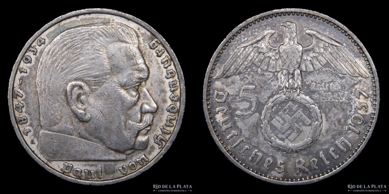 Alemania. 5 Reichsmark 1937 A (Berlin). AG.900; 29.0mm; 13.80g. KM94 (VF)
Estim...