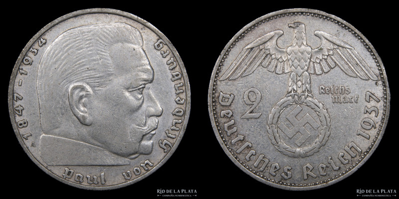 Alemania. 2 Reichsmark 1937 A (Berlin). AG.900; 25.0mm; 8.04g. KM93 (VF)
Estima...