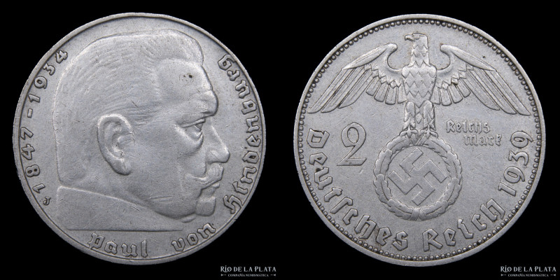 Alemania. 2 Reichsmark 1939 J (Hamburgo). AG.900; 25.0mm; 8.10g. KM93 (VF)
Esti...