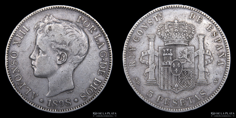 España. Alfonso XIII (1886-1931). 5 Pesetas 1898. AG.900, 37.5mm; 25.10g. KM707 ...
