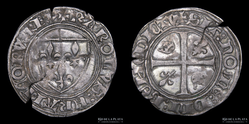 Francia. Carlos VI (1380-1422). AR Blanc Guenar ND, ceca de Rouen. 27.2mm; 2.97g...