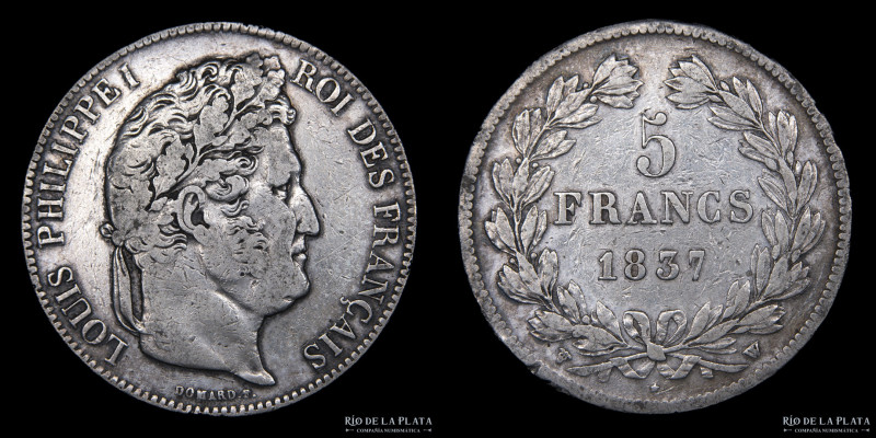 Francia. Luis Felipe I (1830-1848) 5 Francs 1837 W. Ceca de Lille. AG.900; 37.2m...