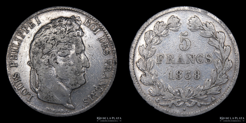 Francia. Luis Felipe I (1830-1848) 5 Francs 1838A. Ceca de Paris. AG.900; 37.2mm...