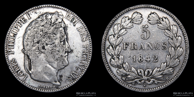 Francia. Luis Felipe I (1830-1848) 5 Francs 1842 B. Ceca de Rouen. AG.900; 37.2m...