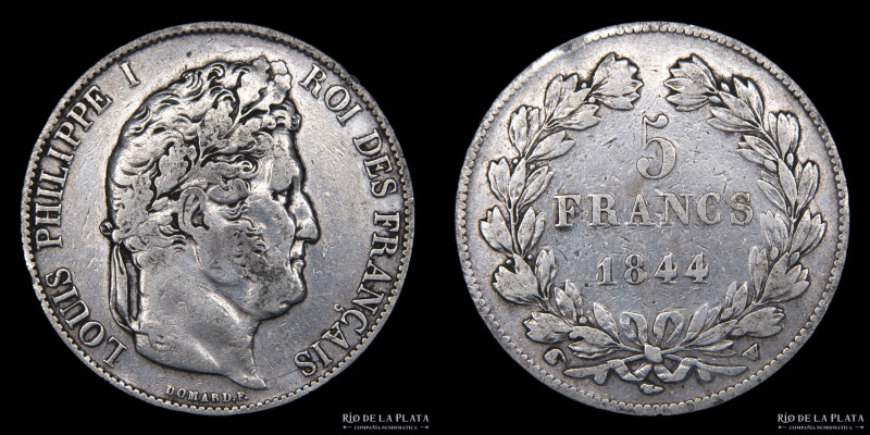 Francia. Luis Felipe I (1830-1848) 5 Francs 1844 W. Ceca de Lille. AG.900; 37.2m...