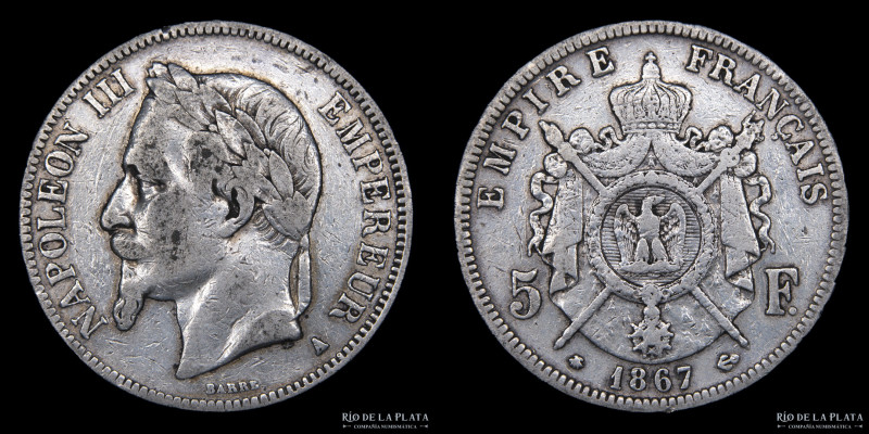 Francia. Napoleón III. 5 Francs 1867 A. Ceca de Paris. AG.900; 37mm; 24.60g. KM7...