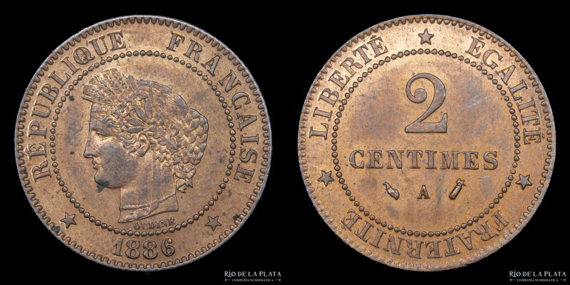 Francia. 2 Centimes 1886. CU; 20mm; 2.01g. KM827.1 (UNC)
Estimate: USD 30-50