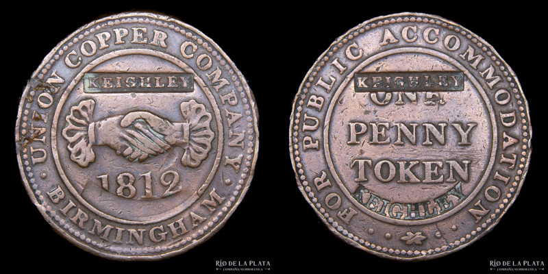 Gran Bretaña. 1 Penny 1812. Token. Birmingham. Contramarcada tres veces en anver...