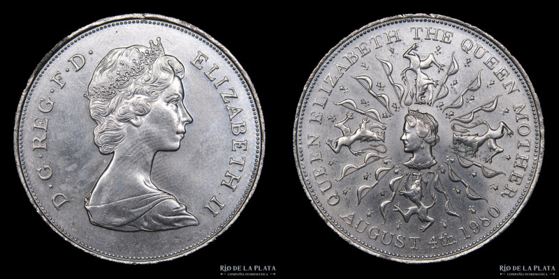 Gran Bretaña. Elizabeth II (1952-2022). 25 New Pence 1980 "80 aniversario de la ...