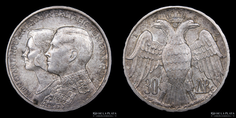 Grecia. Constantino II (1964-1973). 30 Drachmai 1964. Casamiento Real. AG.835; 3...