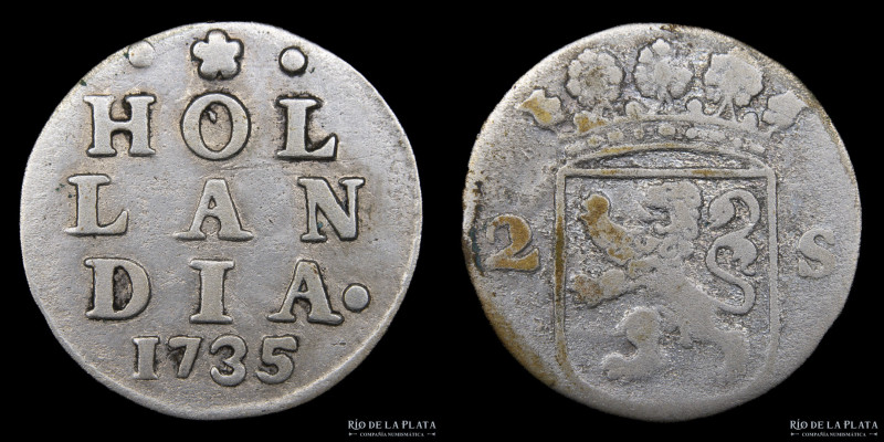 Paises Bajos. Provincia de Holanda. 2 Stuivers 1735. AG.583; 19.6mm; 1.53g. KM48...
