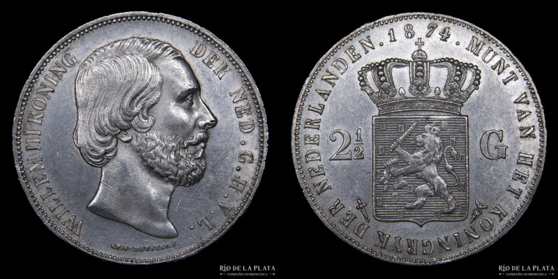 Paises Bajos. Willem III. 2 1/2 Gulden 1874.AG.945; 38mm; KM82 (XF) Limpiada
Es...