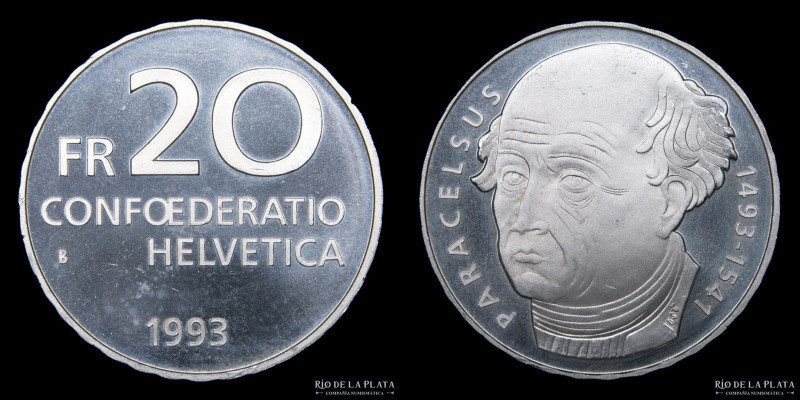 Switzerland. 20 Francs 1993. 500th Anniversary - Birth of Paracelsus. AG.835; 32...