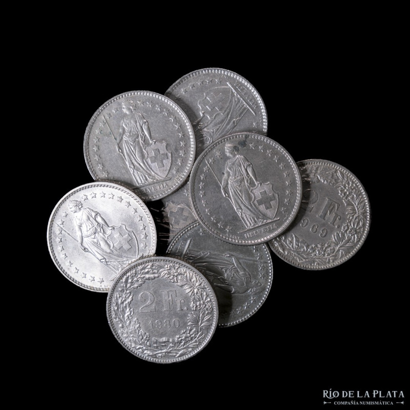 Switzerland. 2 Francs Lote x8. 1968-1989 años 1968-69-72-74-75-80(x2)-89. Cu-Ni;...