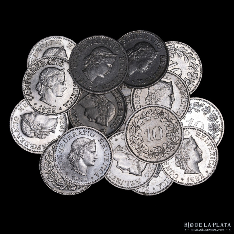 Switzerland. 10 Rappen. Lote x16 años 1938-39(KM27b,Ni)-49-52-58-68-69-70-72-82(...